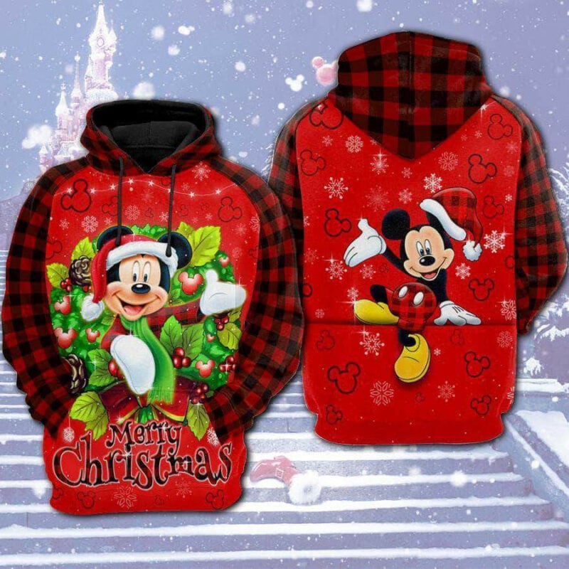 Mickey Mouse Merry Christmas Mouse Head Pattern Red 3d Hoodie Zip Hoodie